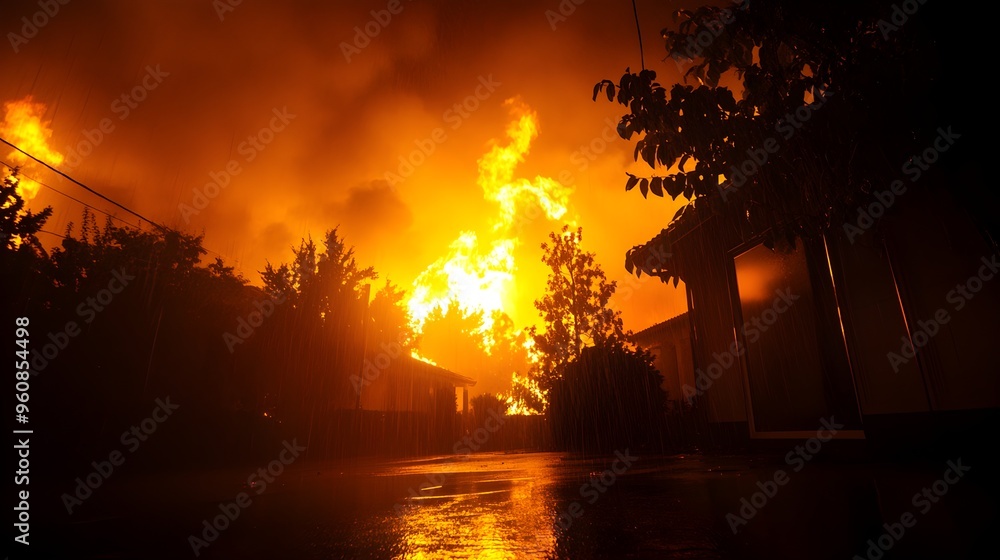 Fototapeta premium A house fire during a heavy rainstorm at night, with water and fire creating a dramatic scene