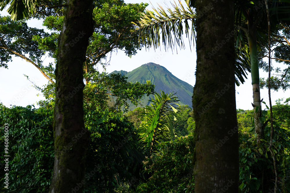 Naklejka premium View of the peak of Arenal volcano in the Alajuela province of Costa Rica in the morning 