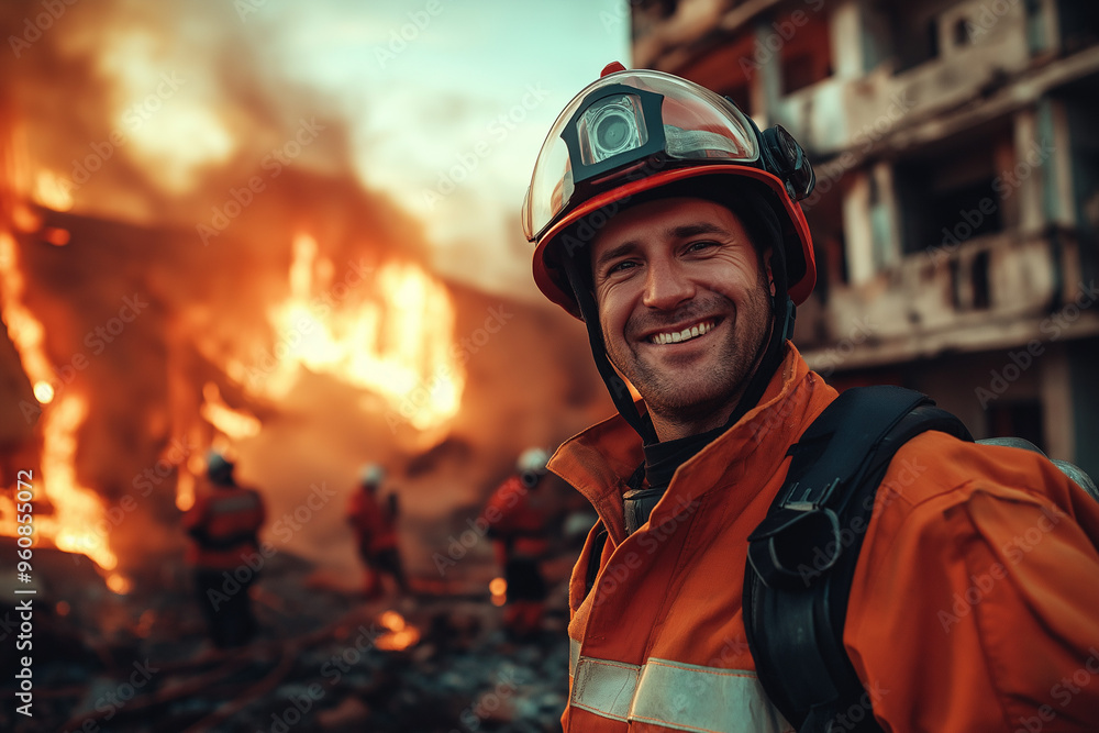 firefighter in front of other firefighters extinguishing a building fire, generative AI firefighter in front of other firefighters extinguishing a building fire, generative AI