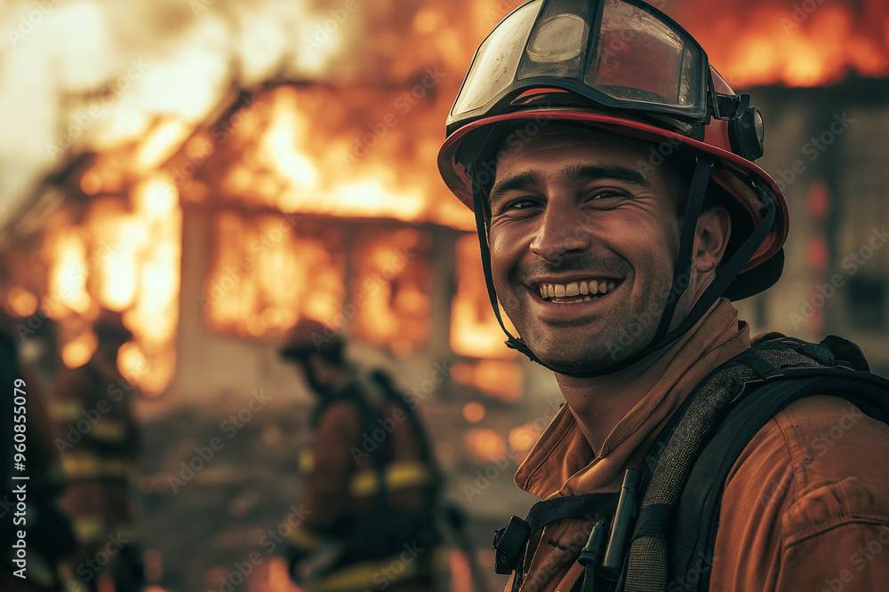 firefighter in front of other firefighters extinguishing a building fire, generative AI firefighter in front of other firefighters extinguishing a building fire, generative AI