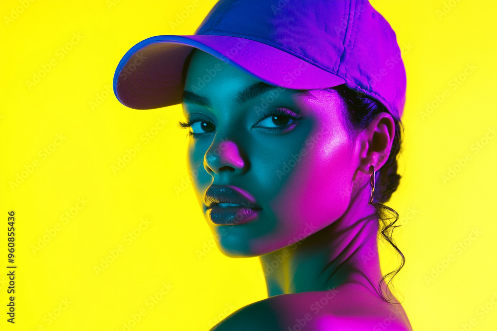 Stylish Woman in Neon Purple Cap with Solid Neon Yellow Background Fashion Portrait with Modern Flair Stylish Woman in Neon Purple Cap with Solid Neon Yellow Background Fashion Portrait with Modern Flair