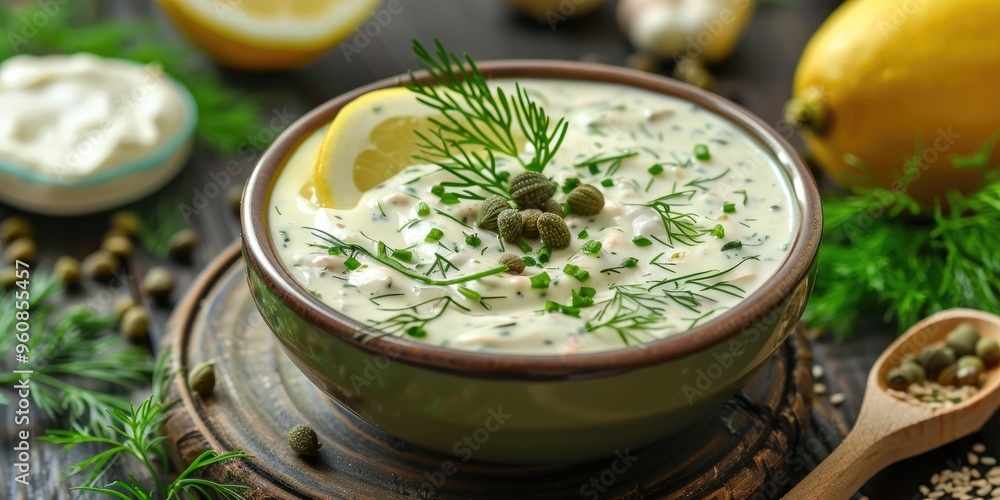 Classic Tartar Sauce in a Bowl: Mayonnaise with Dill, Capers, Lemon, Shallot, Onion, Worcestershire Sauce, and Dijon Mustard Classic Tartar Sauce in a Bowl: Mayonnaise with Dill, Capers, Lemon, Shallot, Onion, Worcestershire Sauce, and Dijon Mustard