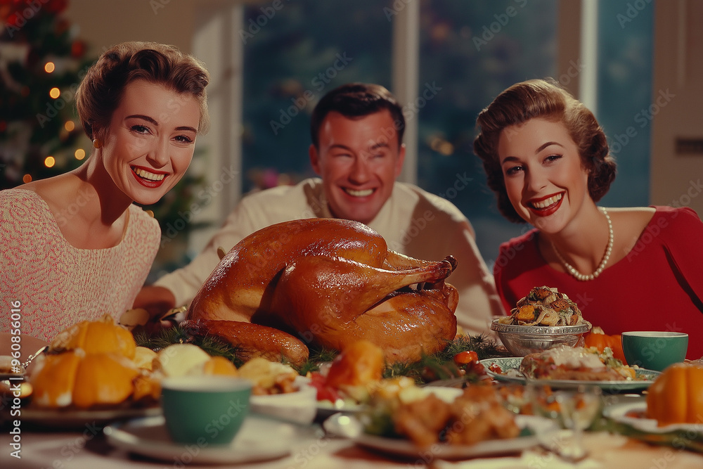 vintage picture of smiling retro family with juicy roasted turkey for thanksgiving day sitting at table with food and celebrating, pin up style, generative AI, generative
