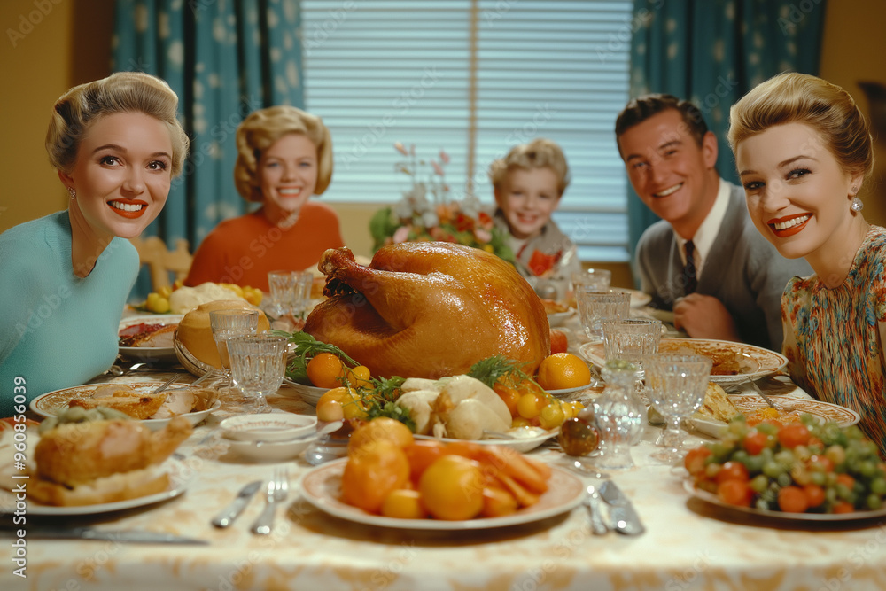 vintage picture of smiling retro family with juicy roasted turkey for thanksgiving day sitting at table with food and celebrating, pin up style, generative AI, generative