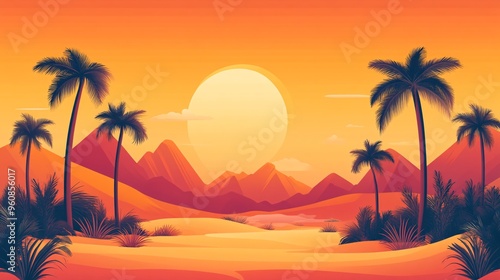 Retro Desert Oasis Cartoon Illustration with Palm Trees and Bright Colors in Style