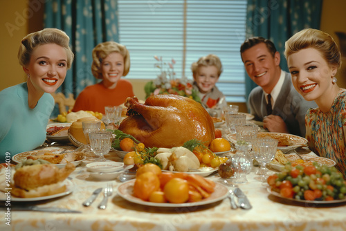 Obraz na płótnie vintage picture of smiling retro family with juicy roasted turkey for thanksgiving day sitting at table with food and celebrating, pin up style, generative AI, generative w salonie