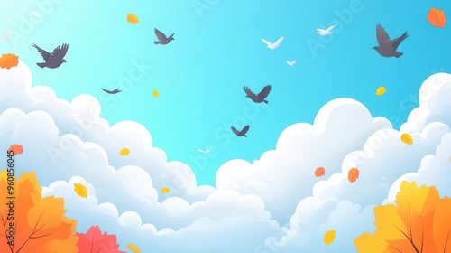 Dynamic autumn sky with migrating birds, layered soft clouds, flat design, bright animation colors