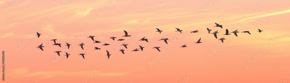 Obraz premium V-shaped flock of birds gliding through a peach-colored autumn sky, thin wisps of clouds, flat design, animated vibe