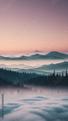 Misty morning in a forest with a view of the distant mountains, phone background wallpaper, ai generated