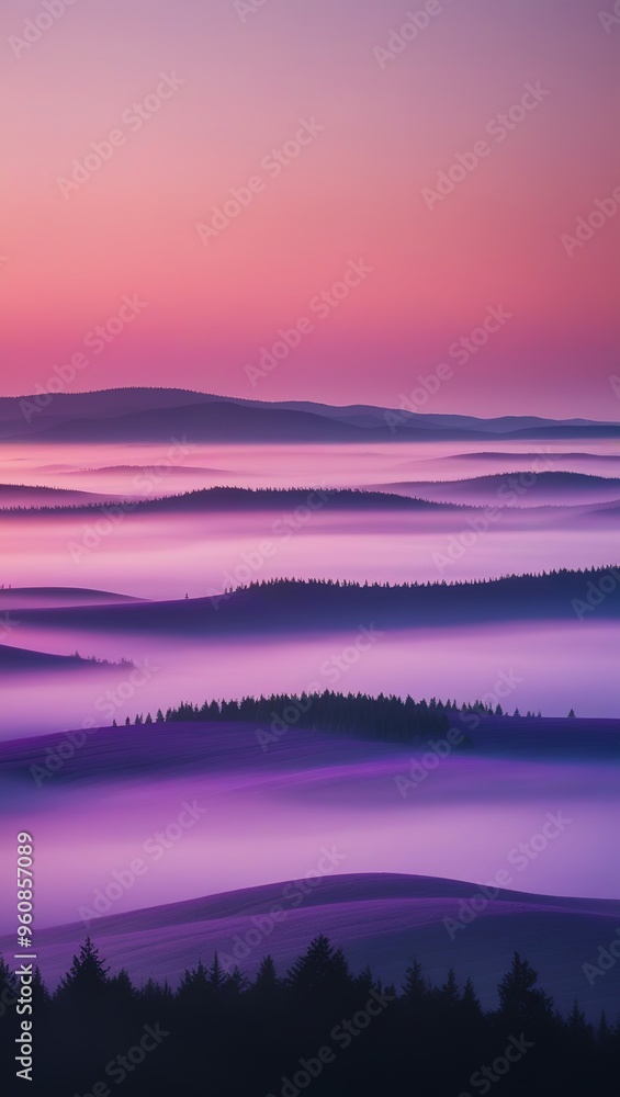 Fototapeta premium Misty purple hills with a pink sky at dawn, phone background wallpaper, ai generated