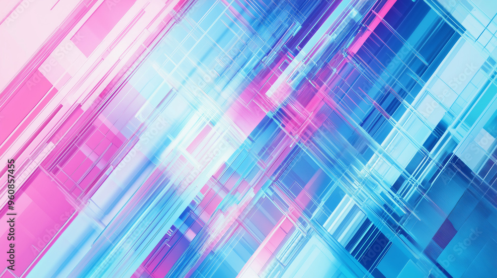 Naklejka premium Tło w odcieniach błękitu, mięty i różu tworzy fascynujący obraz w estetyce futurystycznej. Wzory przypominające zniekształcenia nadają całości cyberpunkowy klimat.