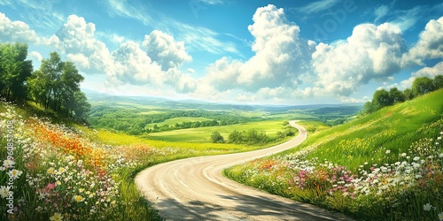 A winding country road lined with blooming wildflowers and lush green fields, stretching towards the horizon under a sky dotted with fluffy white clouds.