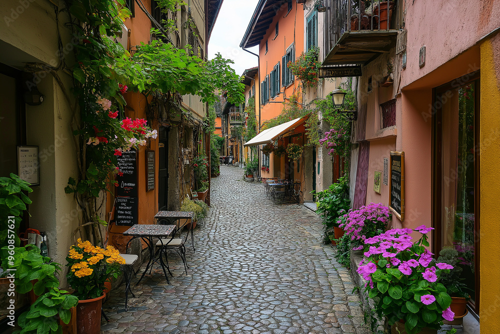 Fototapeta premium a small Italian street between colorful Italian houses and atmospheric European cafes, generative AI