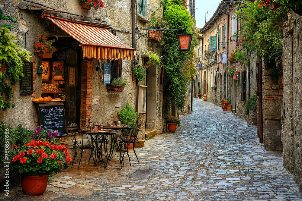 Obraz premium a small Italian street between colorful Italian houses and atmospheric European cafes, generative AI