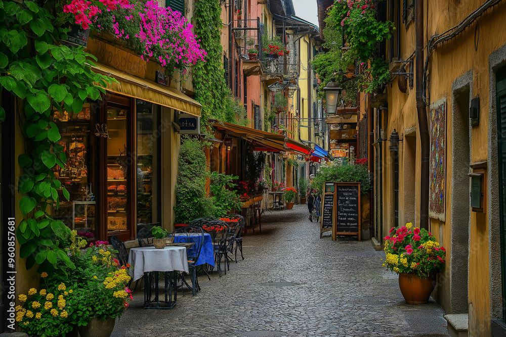 Obraz premium a small Italian street between colorful Italian houses and atmospheric European cafes, generative AI