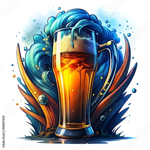 A surreal, fantasy-themed illustration of a beer mug with frothy waves and bubbles in vibrant colors. Ideal for creative and whimsical designs related to pubs, bars, and craft beer enthusiasts. photo