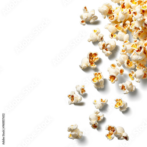 popcorn spilling in a horizontal line on a white background