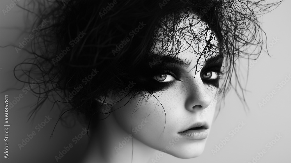 Fototapeta premium Monochromatyczny portret w czerni i bieli, który wprowadza elementy surrealizmu do przedstawienia ludzkiej postaci.
