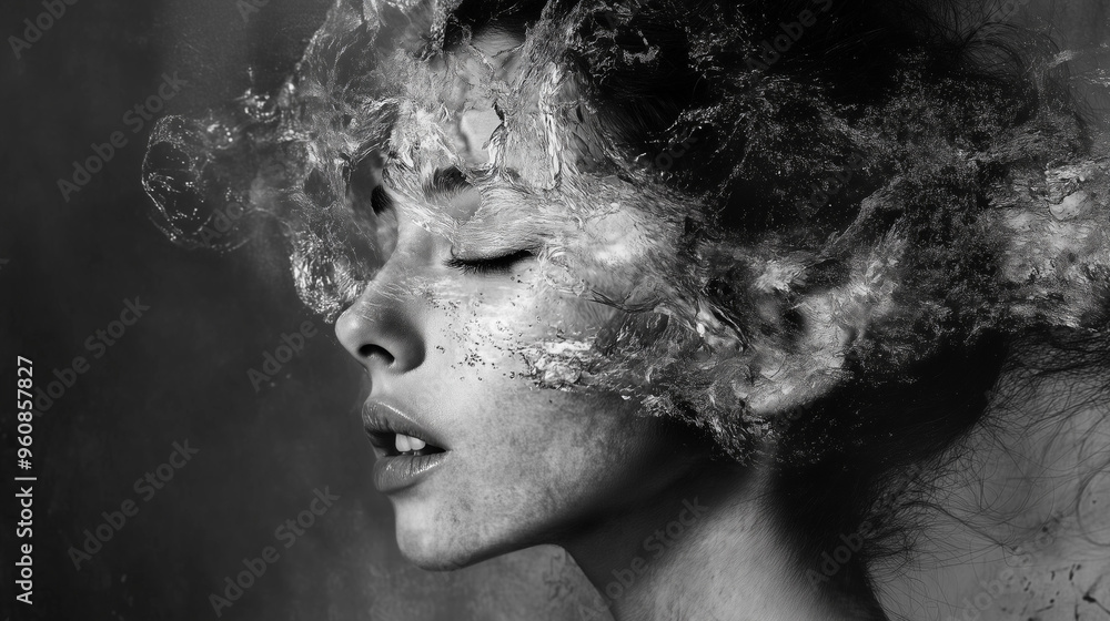Naklejka premium Monochromatyczny portret w czerni i bieli, który wprowadza elementy surrealizmu do przedstawienia ludzkiej postaci. 