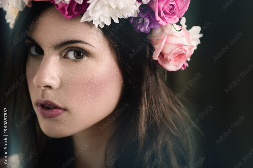 Naklejka premium Flower, crown and portrait of woman with cosmetics, confidence and organic floral mockup space. Roses, eco friendly and serious face of girl with natural beauty, makeup and healthy skincare in nature