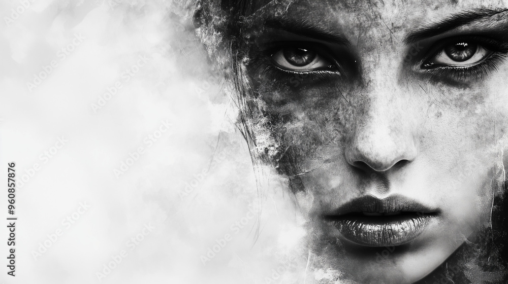 Fototapeta premium Monochromatyczny portret w czerni i bieli, który wprowadza elementy surrealizmu do przedstawienia ludzkiej postaci. 