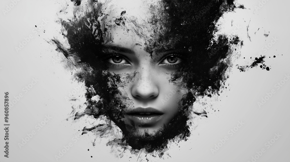 Monochromatyczny portret w czerni i bieli, który wprowadza elementy surrealizmu do przedstawienia ludzkiej postaci. Monochromatyczny portret w czerni i bieli, który wprowadza elementy surrealizmu do przedstawienia ludzkiej postaci.