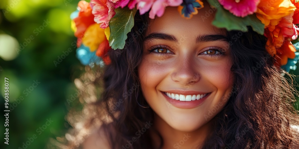 Close-up photo showcases a beautiful young woman with a vibrant flower crown. Her genuine smile captures the essence of festival vibes. Close-up photo showcases a beautiful young woman with a vibrant flower crown. Her genuine smile captures the essence of festival vibes.