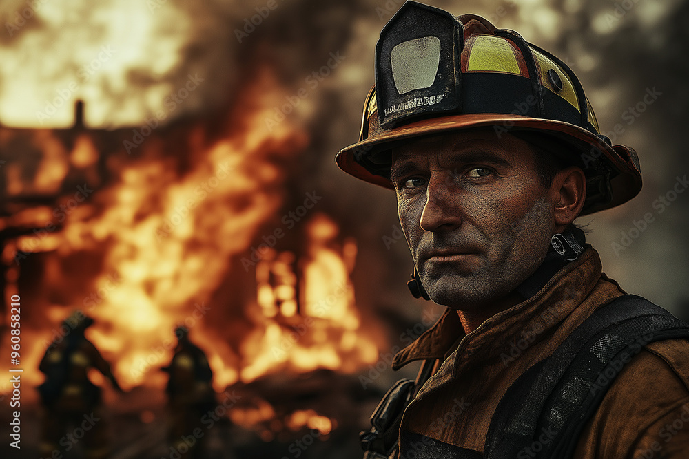 a firefighter in front of other firefighters extinguishing a building fire a firefighter in front of other firefighters extinguishing a building fire