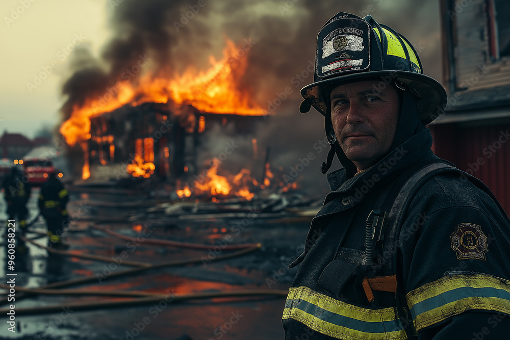 a firefighter in front of other firefighters extinguishing a building fire a firefighter in front of other firefighters extinguishing a building fire