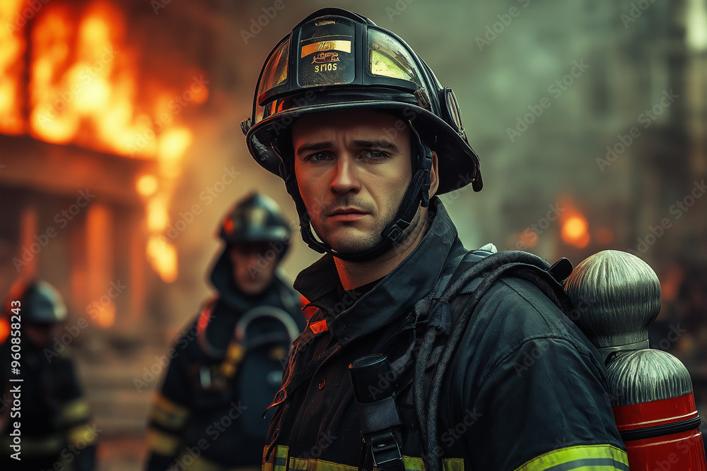 a firefighter in front of other firefighters extinguishing a building fire a firefighter in front of other firefighters extinguishing a building fire