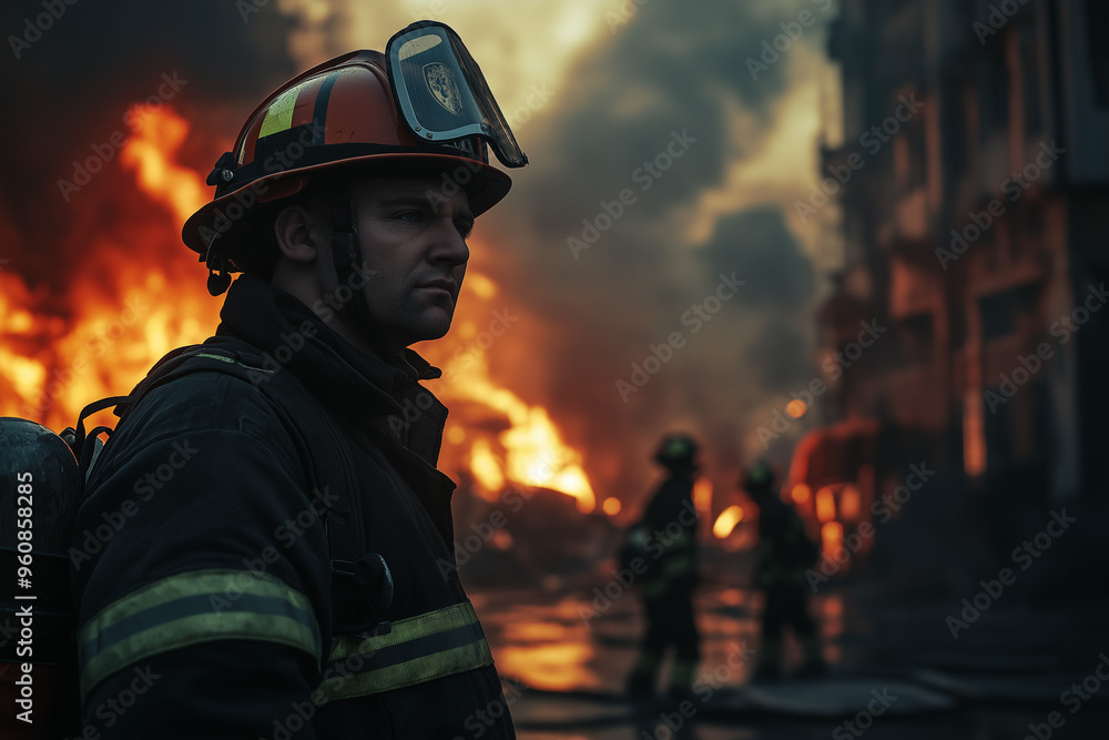 a firefighter in front of other firefighters extinguishing a building fire a firefighter in front of other firefighters extinguishing a building fire
