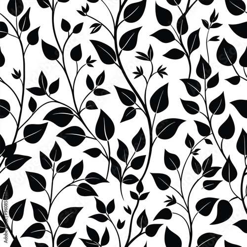 The design showcases a seamless pattern of black leaves and vines intricately arranged over a white background perfect for various creative uses
