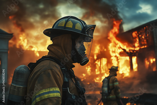 a firefighter in front of other firefighters extinguishing a building fire