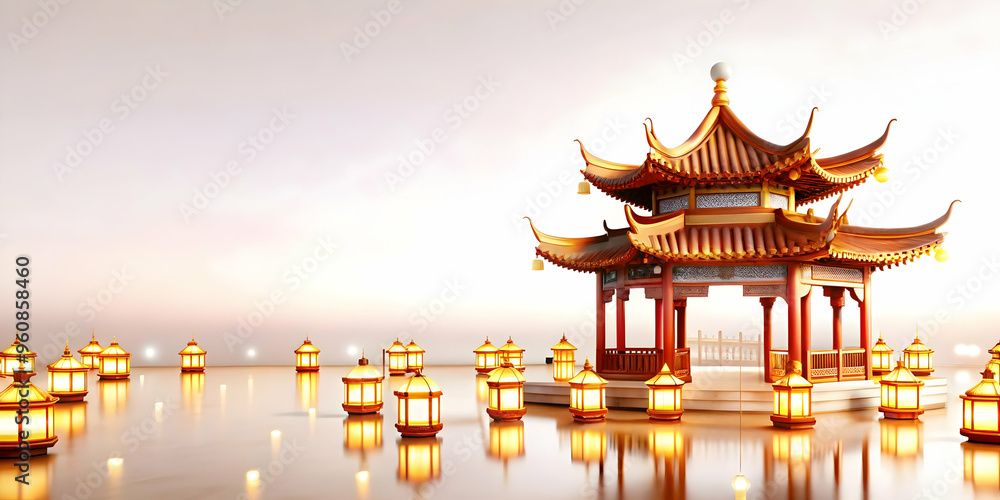 Glossy Moon Gate with Lanterns - Mid Autumn Festival Concept Glossy Moon Gate with Lanterns - Mid Autumn Festival Concept