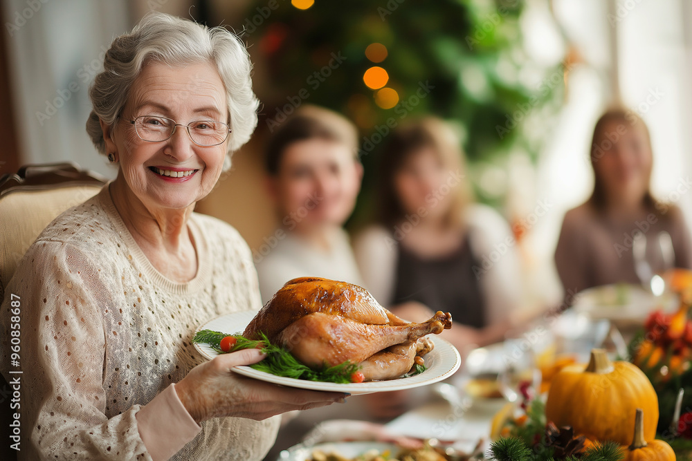 smiling old woman holding juicy roasted turkey for thanksgiving on background of family and table with food, generative AI
