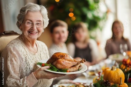 Obraz na płótnie smiling old woman holding juicy roasted turkey for thanksgiving on background of family and table with food, generative AI w salonie