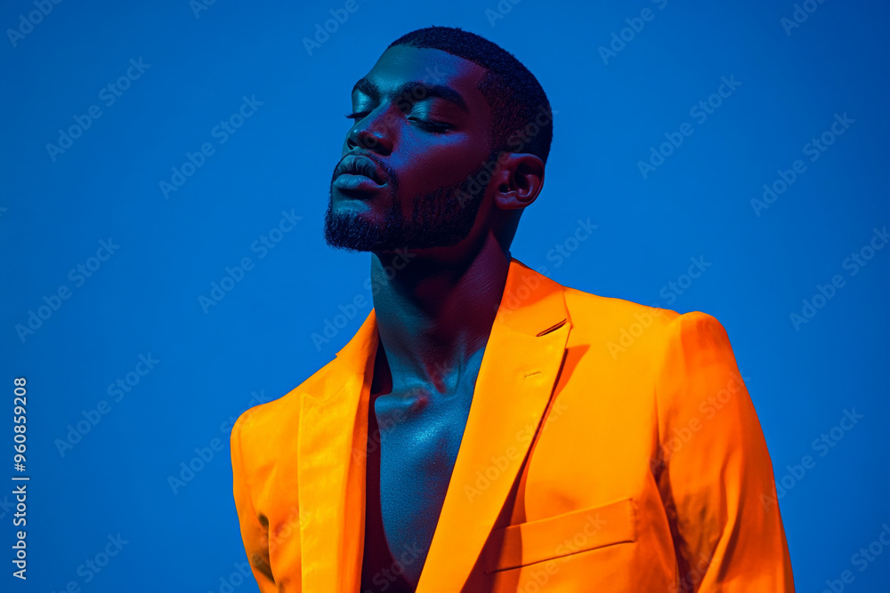 Modern Mens Bright Orange Blazer with Solid Neon Blue Background Fashionable Lifestyle Portrait with Bold Appeal Modern Mens Bright Orange Blazer with Solid Neon Blue Background Fashionable Lifestyle Portrait with Bold Appeal