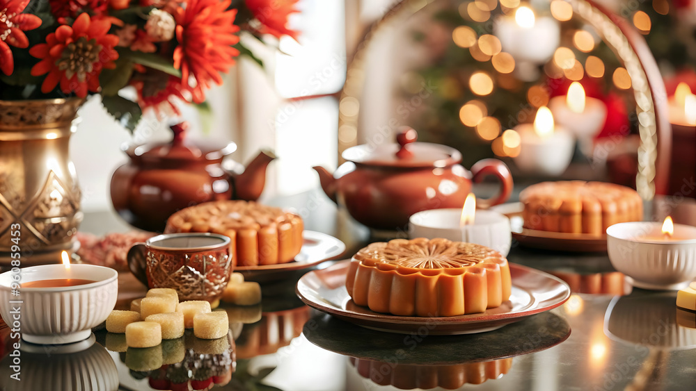 3D Glossy Table Setting with Mooncakes for Mid Autumn Festival Celebration, Elegant Arrangement of Mooncakes and Tea on Reflective Surface with Soft Lighting, Traditional Decoration Background, Overhe 3D Glossy Table Setting with Mooncakes for Mid Autumn Festival Celebration, Elegant Arrangement of Mooncakes and Tea on Reflective Surface with Soft Lighting, Traditional Decoration Background, Overhe
