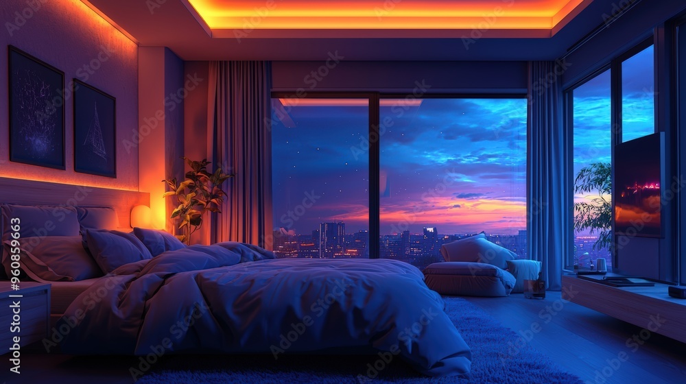 Bedroom with smart lighting and energy-efficient windows, reducing carbon emissions, copy space Bedroom with smart lighting and energy-efficient windows, reducing carbon emissions, copy space