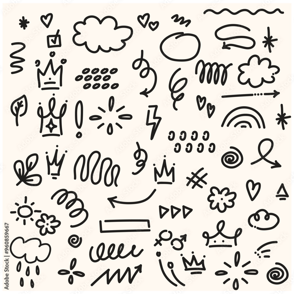 Hand drawn simple elements set With illustration style doodle and line art Hand drawn simple elements set With illustration style doodle and line art