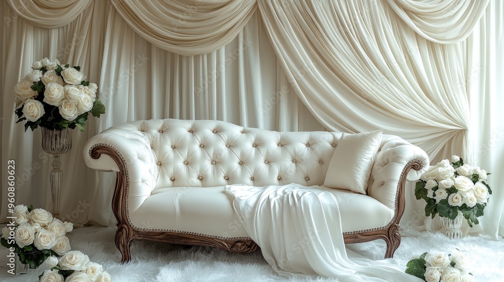 Elegant white sofa with white roses and draped fabric in a minimalist setting. Elegant white sofa with white roses and draped fabric in a minimalist setting.