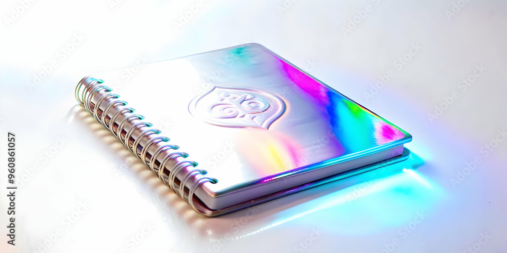 Glossy Holographic Notebook with Labh Pancham Symbol on White Background - 3D Icon Isolated with Copy Space Glossy Holographic Notebook with Labh Pancham Symbol on White Background - 3D Icon Isolated with Copy Space