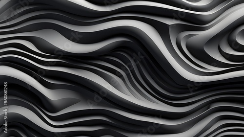 A dynamic abstract design featuring flowing waves in shades of black and gray, creating a sense of movement and depth.