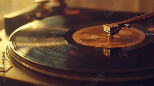 A close-up shot of a vintage turntable playing a record with the word 'Baby' written on the tonearm.