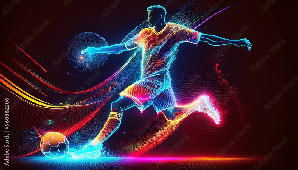 Fototapeta premium Abstract Soccer Player with a ball in motion. Digital Football Athlete is running