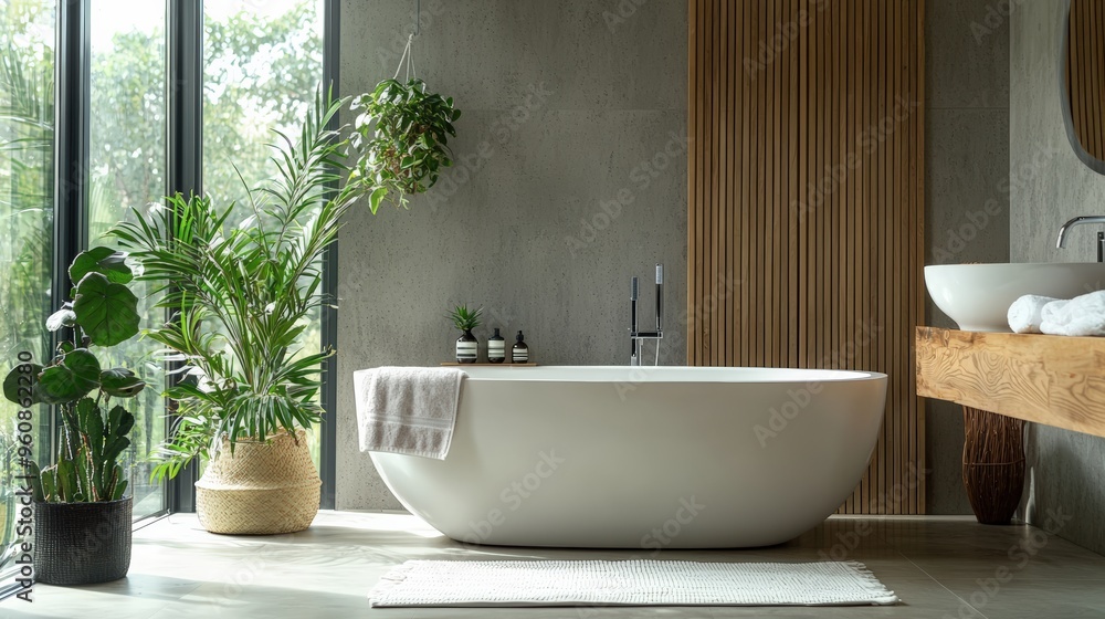 Fototapeta premium Contemporary bathroom with energy-efficient design and smart home integration, focusing on sustainability