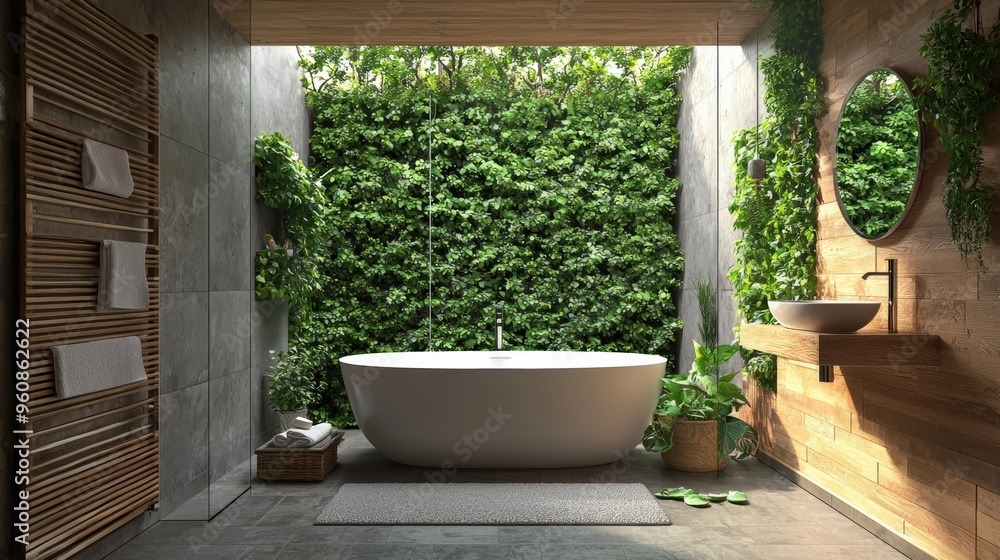 Contemporary bathroom with energy-efficient insulation and eco-friendly materials, promoting a green lifestyle Contemporary bathroom with energy-efficient insulation and eco-friendly materials, promoting a green lifestyle