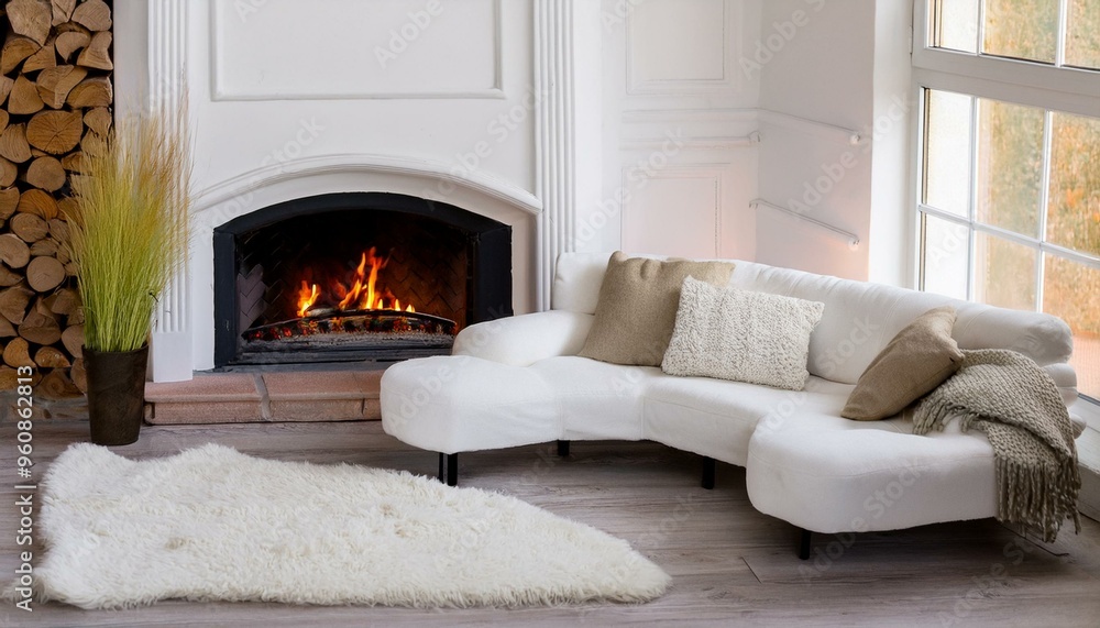 White corner sofa near fireplace. Scandinavian home interior design of modern living room. White corner sofa near fireplace. Scandinavian home interior design of modern living room.