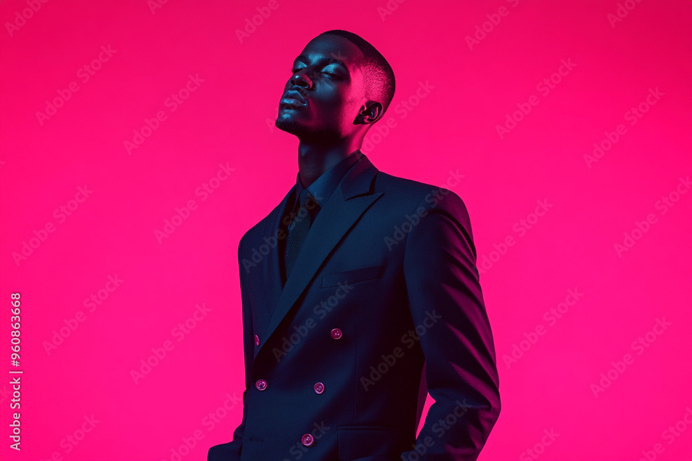 Fashion Portrait of Men in Tailored Navy Suit with Solid Neon Pink Background Trendsetting Lifestyle Look with Modern Appeal Fashion Portrait of Men in Tailored Navy Suit with Solid Neon Pink Background Trendsetting Lifestyle Look with Modern Appeal