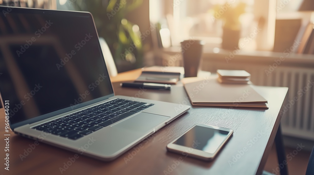 Laptop, Smartphone and Notebook on Wooden Desk. Laptop, Smartphone and Notebook on Wooden Desk.